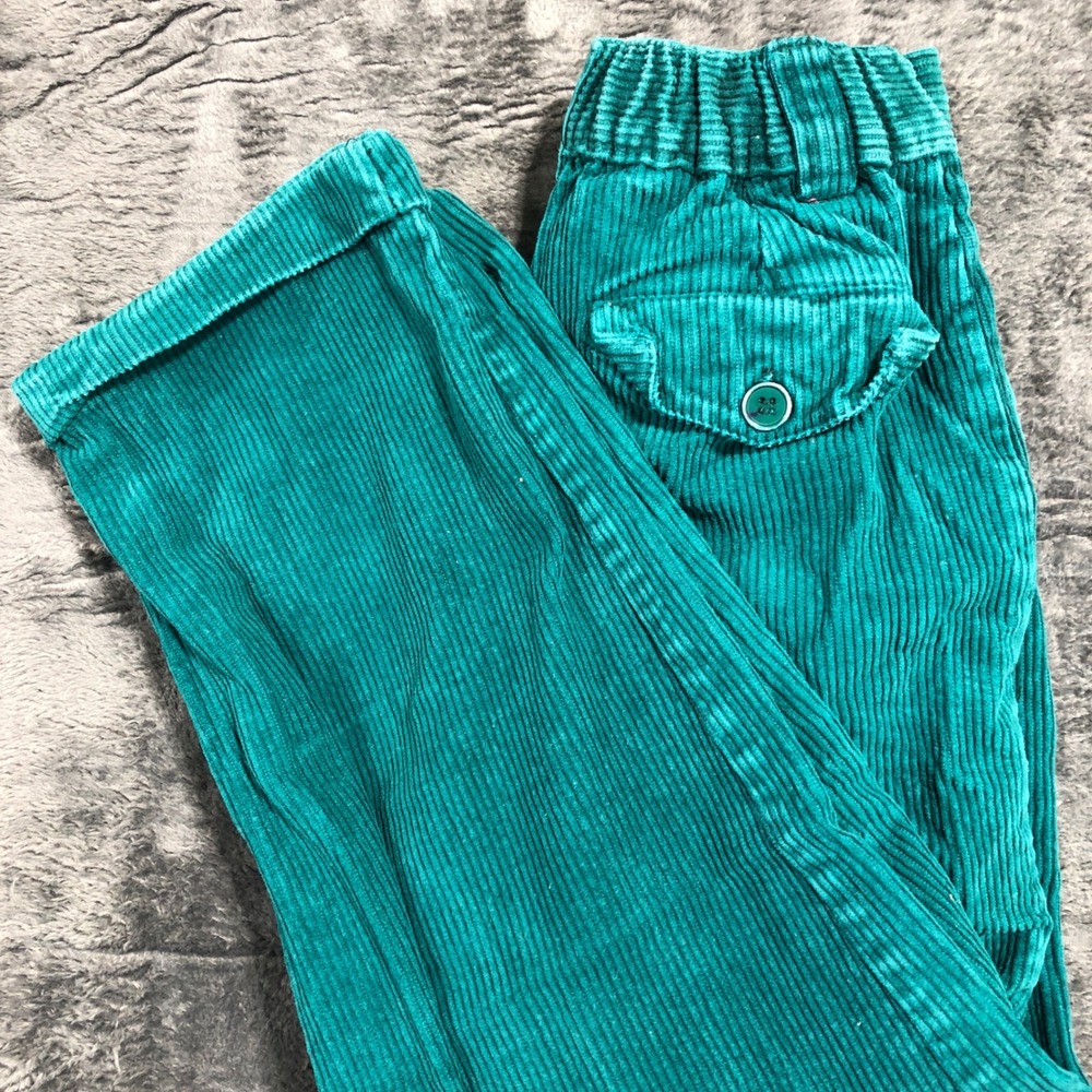 Purigi Corduroy‎ Pants Kids Size 7 Teal Green Vintage Pleated Elastic Waist 90s